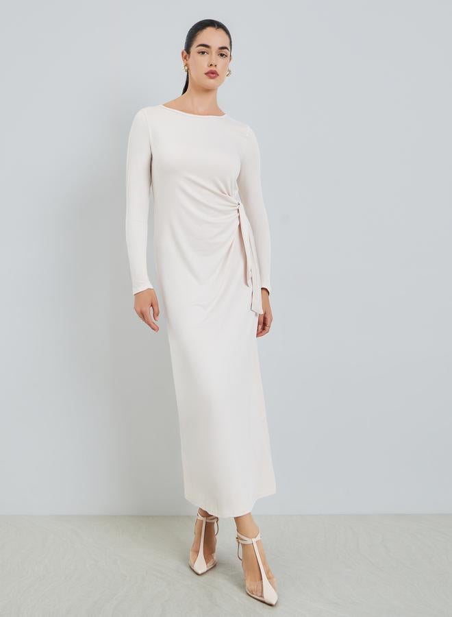 Styli Women Beige Waist Tie Detail Midi Dress - Image 2